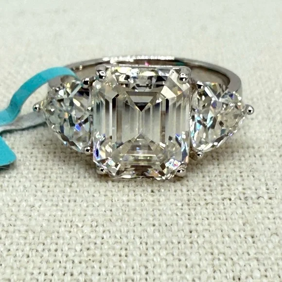 7.40 CTW Moissanite Three Stone Asscher Cut Ring 925 Silver Size 8 NWT - Picture 17 of 17